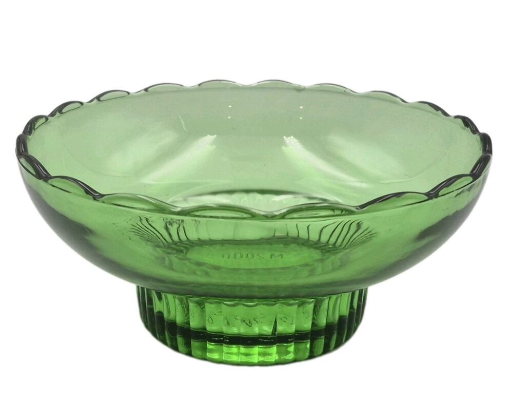 Vintage EO Brody Emerald Green Glass Pedestal Bowl Scalloped Rim Ribbed 7x3"